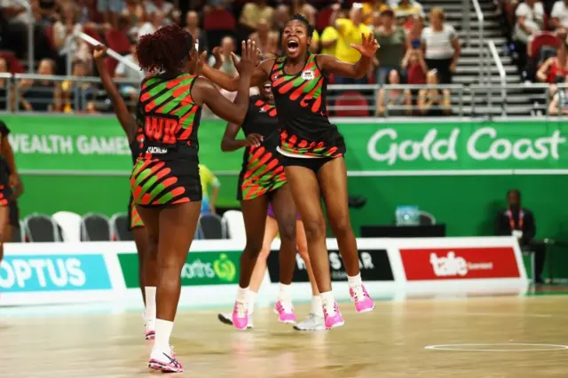 The Malawi team celebrate victory over Soctland during Netball on day six of the Gold Coast 2018 Commonwealth Games at Gold Coast Convention Centre on April 10, 2018 on the Gold Coast, Australia