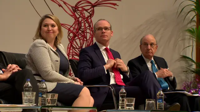 Karen Bradley, Simon Coveney and George Mitchell at Queen's University