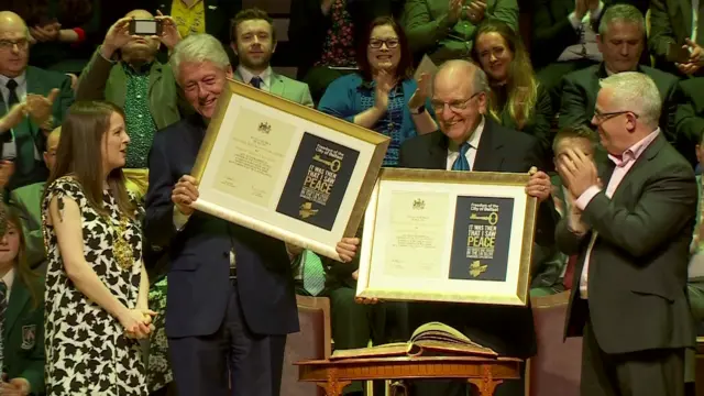 Bill Clinton and George Mitchell at the Ulster Hall in Belfast