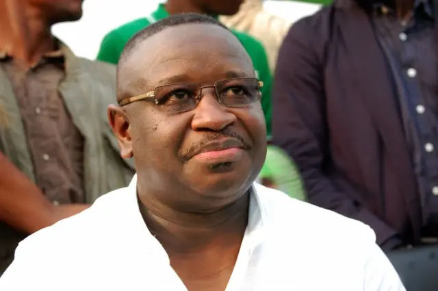 Julius Maada Bio attends a rally in Freetown to thank voters at the Siaka Steven Stadium in Freetown on April 7, 2018.