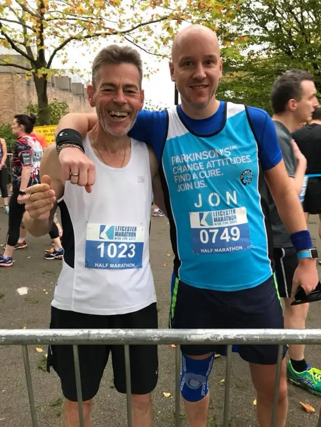 John Hemingway with his son-in-law Jon at the Leicester Half Marathon