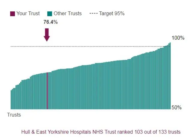 Chart showing Hull and East Yorkshire NHS Hospitals Trust A&E waiting times target