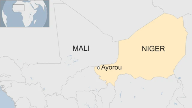 A map showing the location of Ayorou in Niger close to the border with Mali