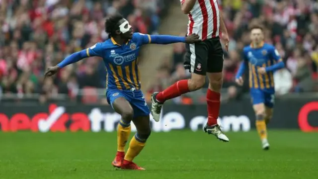 Aristote Nsiala of Shrewsbury Town during the Checkatrade Trophy Final match