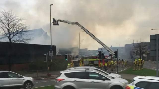 Aerial ladder platform at scene of fire