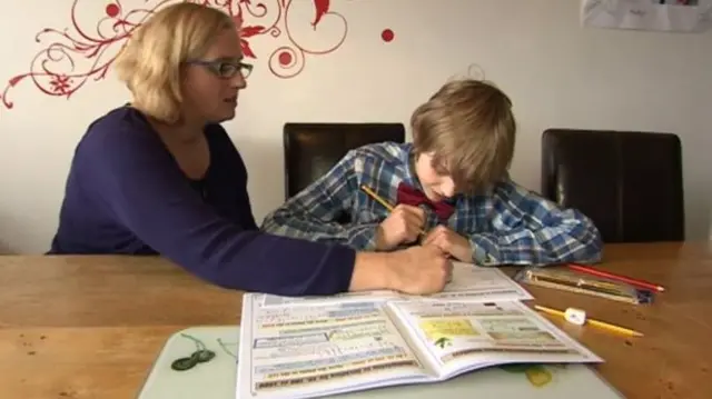 a mother homeschooling her son