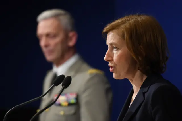 French Army Chief of Staff, General Francois Lecointre (L) and French Defence Minister Florence Parly (R) hold a joint press conference in Paris, 14 April 2018