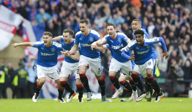 Rangers celebrate their Scottish Cup penalty shoot-out victory v Celtic