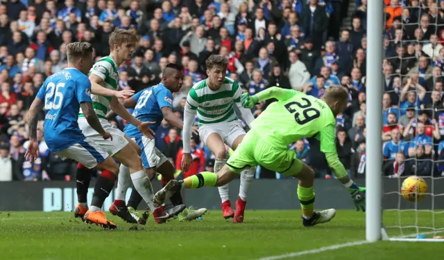 Alfredo Morelos spurns a chance to score a late equaliser in the 3-2 loss to Celtic at Ibrox