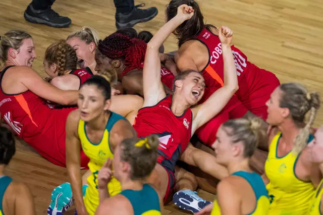 England celebrate winning Commonwealth Games netball gold