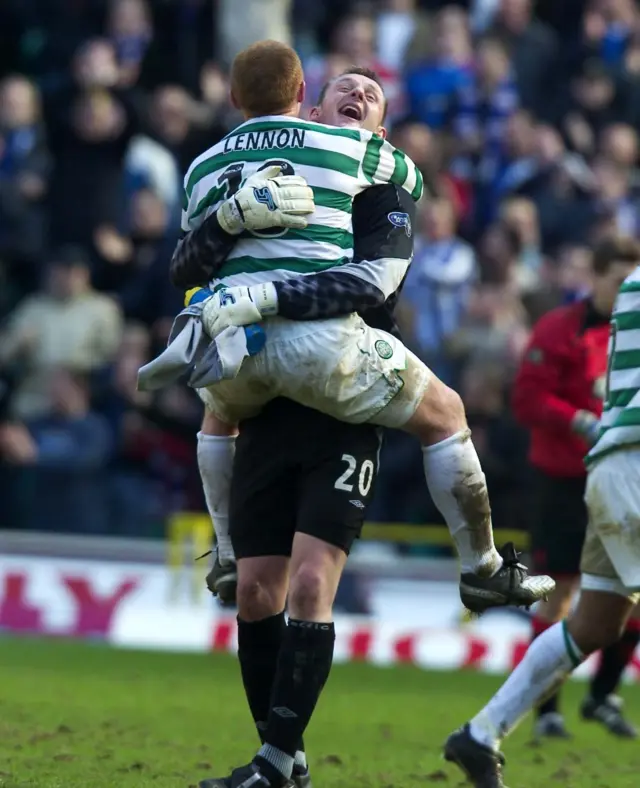 Former Celtic goalkeeper Rab Douglas and former midfielder Neil Lennon celebrate after a Scottish Cup win in 2004