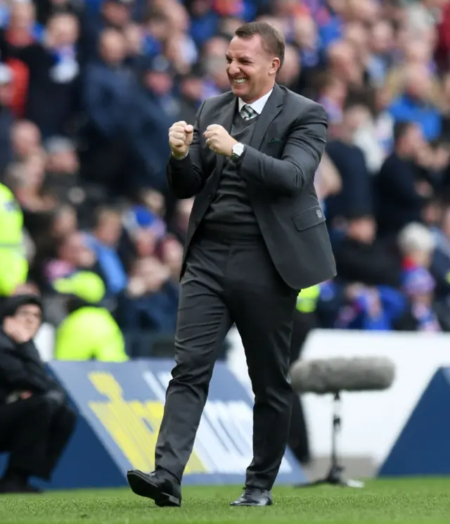 Brendan Rodgers celebrates Celtic's opener against Rangers