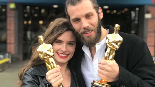 Rachel Shenton and Chris Overton last night with their Oscars