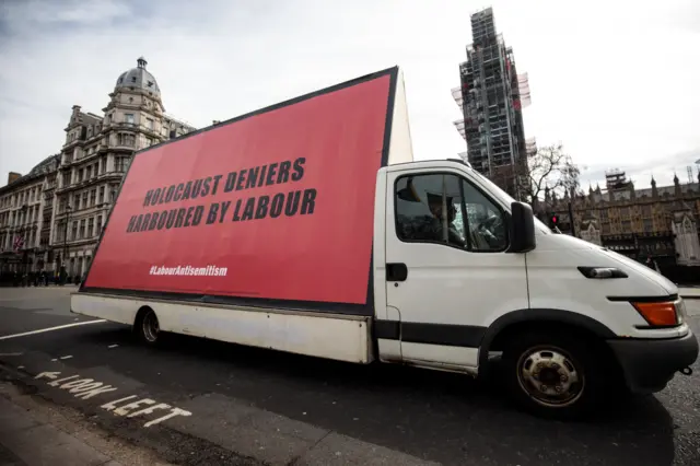 #LabourAntisemitism campaign van in Westminster