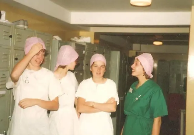 Nursing students in the surgical theatre at Guys Hospital. Bernadette is centre, left