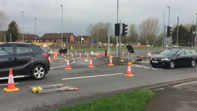 Coned off area of roundabout