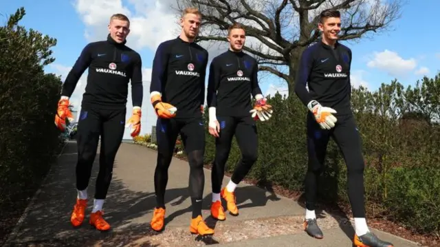 Goalkeepers Jordan Pickford, Joe Hart, Jack Butland and Nick Pope during an England training session