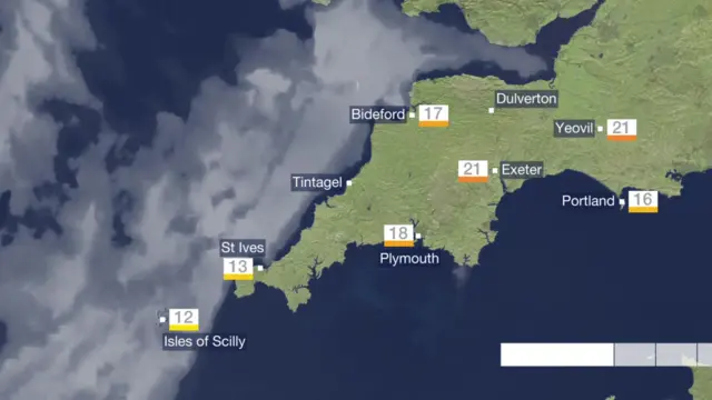 weather map for Devon and Cornwall