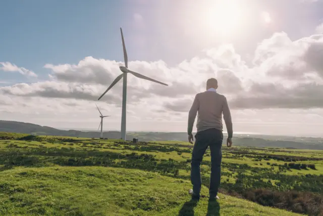 A man looking at wind turbines