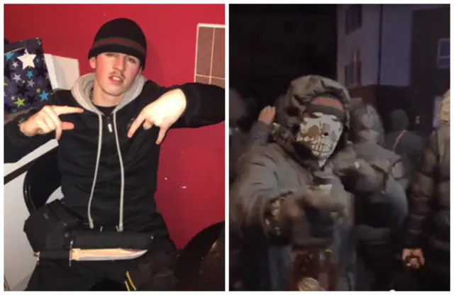 Wood pictured posing with a combat knife and appearing in a gang grime video