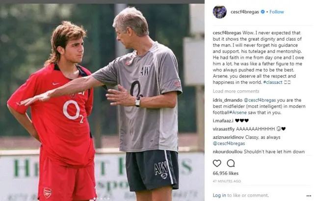 Cesc Fabregas pays tribute to Arsene Wenger on Instagram