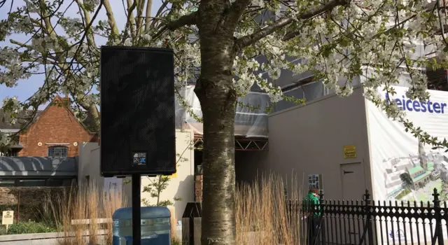 Speaker outside Leicester Cathedral