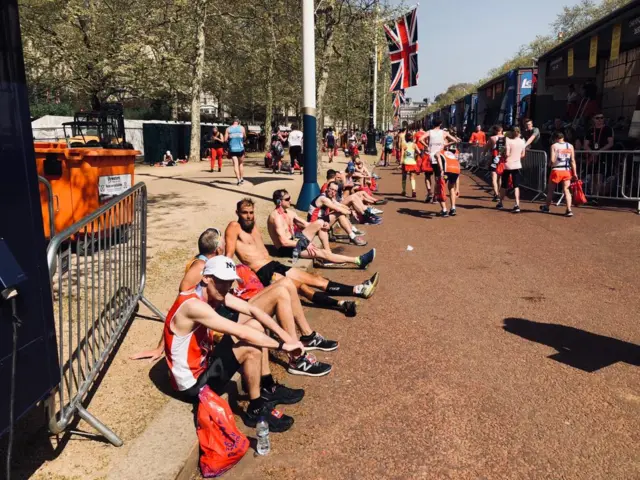 Sunbathing after finishing the London Marathon