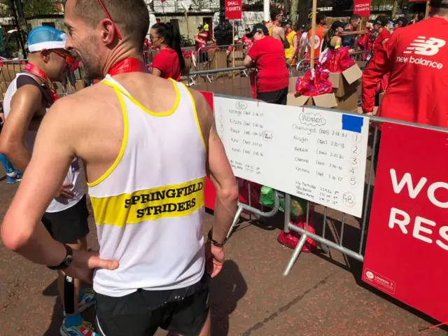 London Marathon finishers checking out elite times