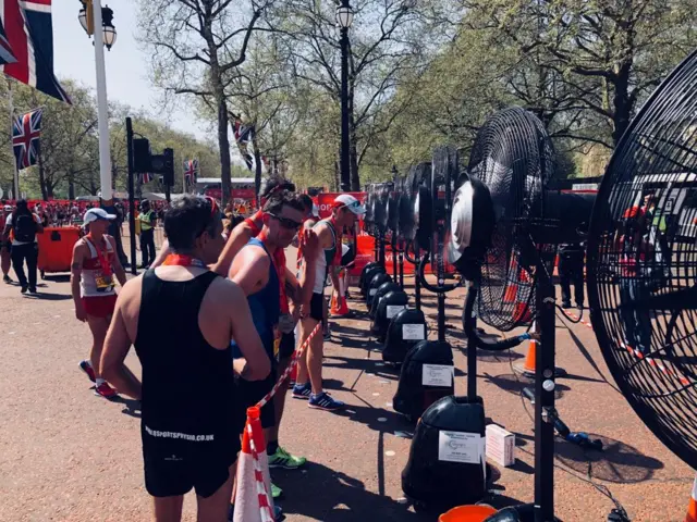 Runners cooling off after finishing London Marathon