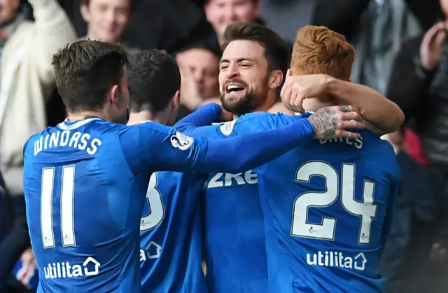 Rangers celebrate Russell Martin's goal in the win against Hearts in February