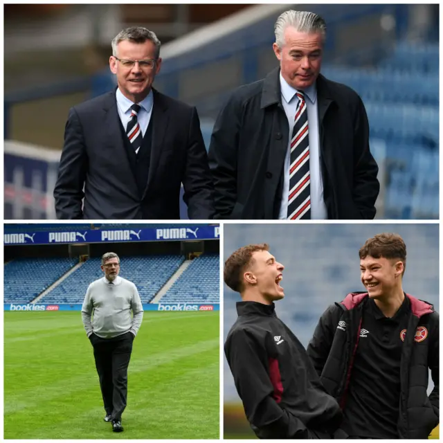 Clockwise from top left: Rangers managing director Stewart Robertson and director Paul Murray, Hearts' Chris Hamilton and Anthony McDonald and Hearts manager Craig Levein