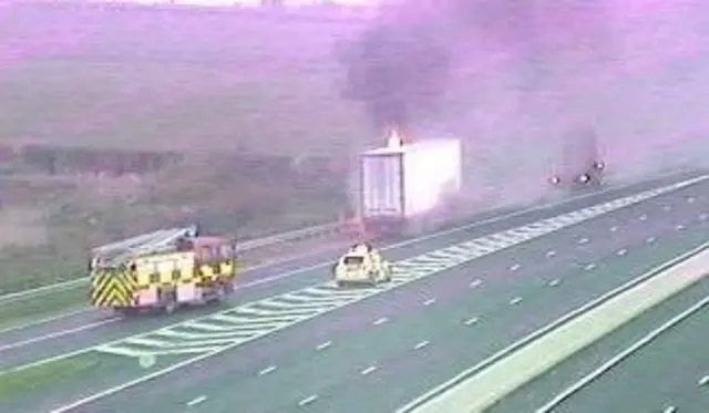 Lorry on fire on A1