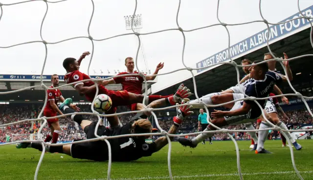 West Bromwich Albion"s Jake Livermore scores their first goal against Liverpool