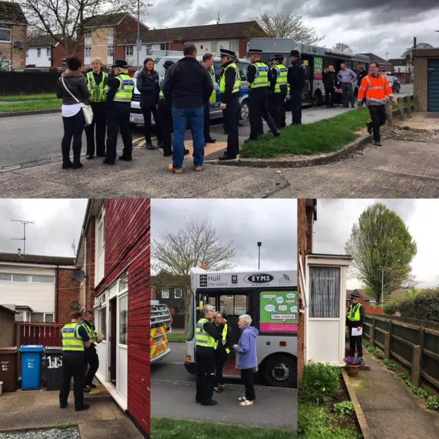 Montage of pictures of police talking to local residents