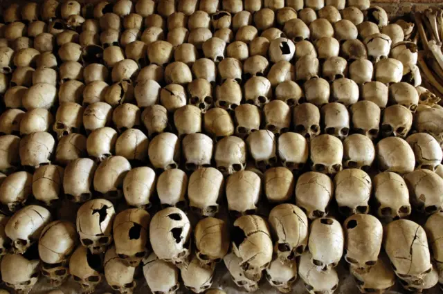 Picture taken on February 27, 2004 shows skulls of victims of the Ntarama massacre during the 1994 genocide at the Genocide Memorial Site church of Ntarama, in Nyamata.