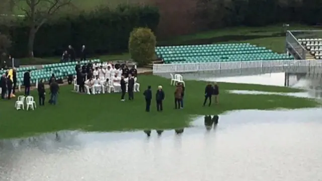 Worcestershire's players managed to find a one dry corner of the New Road outfield for their pre-season photocall