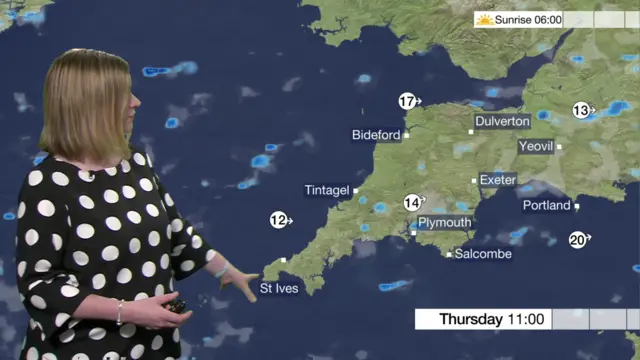 weather map for Devon and Cornwall with weather presenter on left