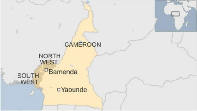 A map showing the location of Cameroon's North-West and South-West regions.