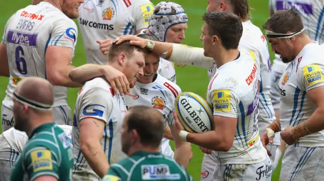 Exeter celebrate a try