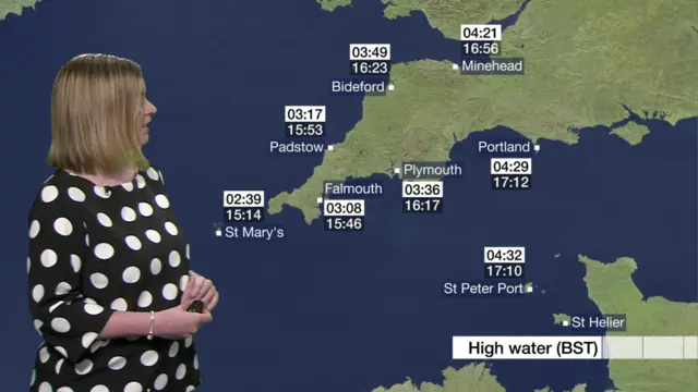 map of Devon and Cornwall showing tide times, presenter on left