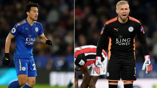 Kasper Schmeichel and Shinji Okazaki