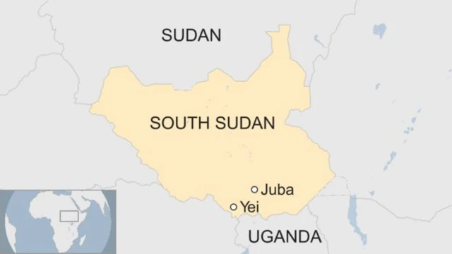 A map showing the location of Yei in South Sudan