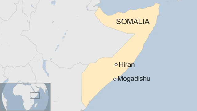 A map showing the location of Hiran in relation to Somalia's capital, Mogadishu.