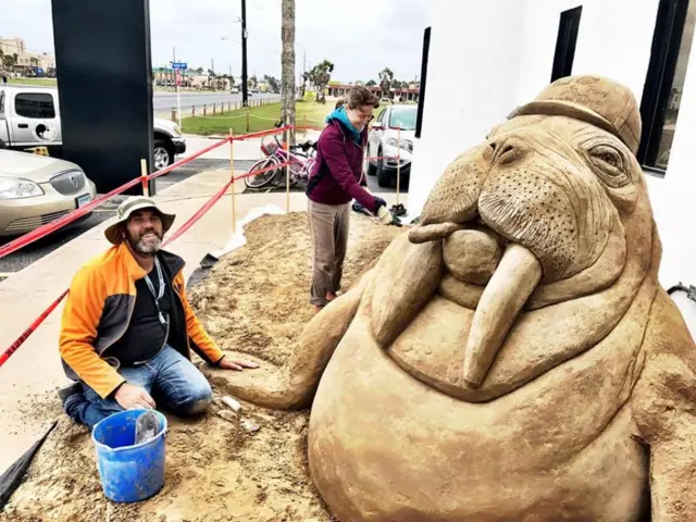 Sand sculpture of a walrus