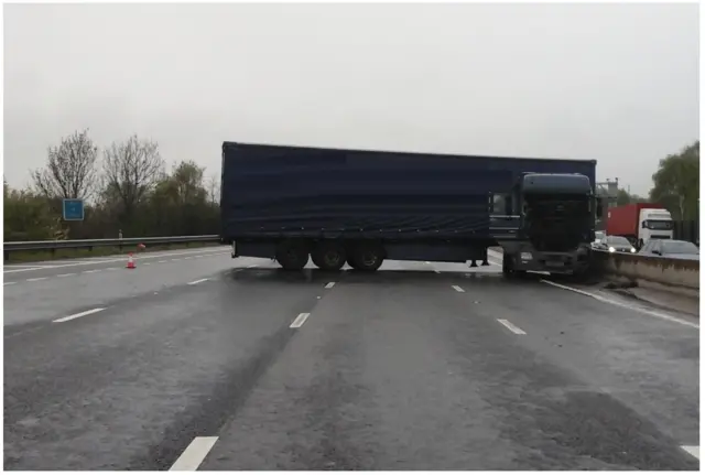 Jackknifed lorry