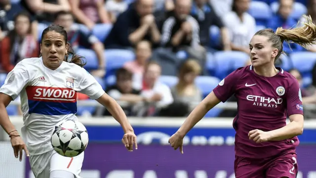 Manchester City forward Melissa Lawley (right) vies with Lyon midfielder Amel Majri