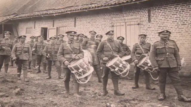 Buglers and drummers with 7th Battalion, Duke of Cornwall's Light Infantry