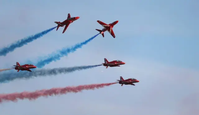 Red Arrows display team performing during Bournemouth Air Festival 2017