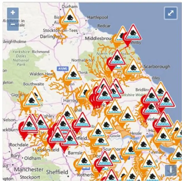 Red areas show where flood warnings are in place