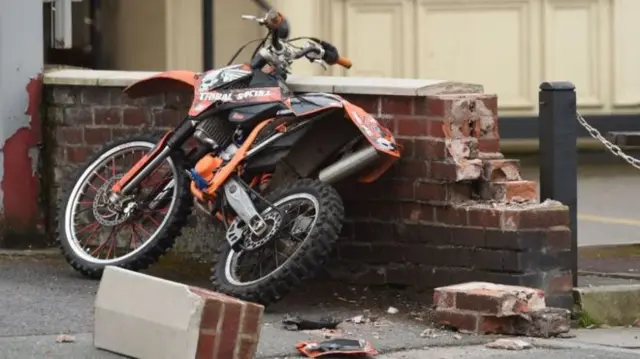 The scrambler bike crashed into a wall outside a pub in Longmoor Lane, Fazakerley